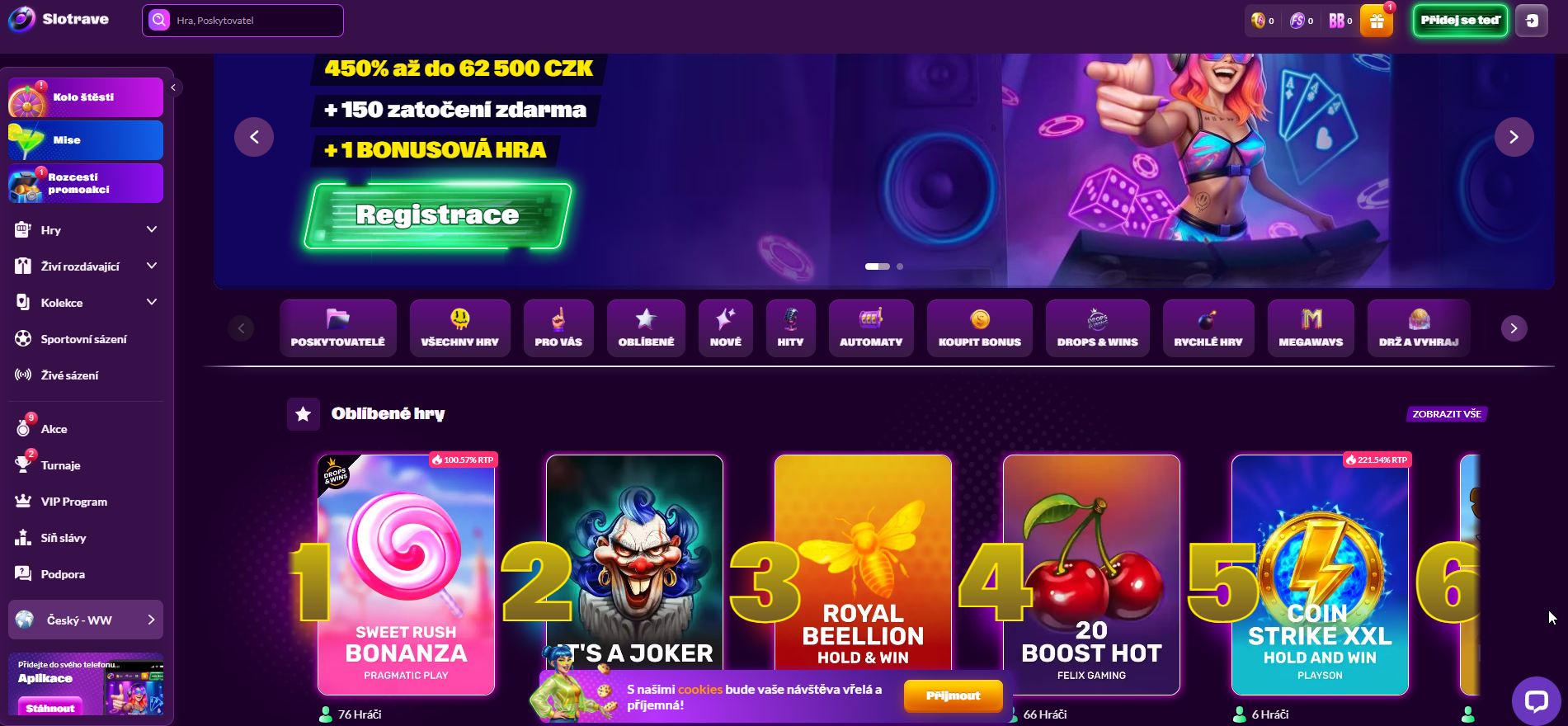 Energetická úvodní obrazovka online kasina Slotrave s neonovým party designem a dynamickou nabídkou her.
