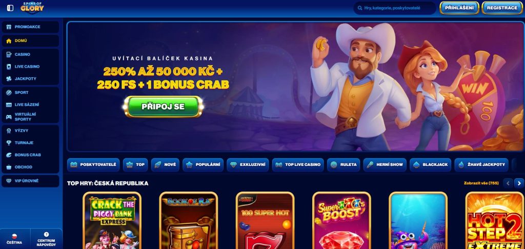 Hlavní banner online kasina Spins of Glory, kde na hráče čekají legendární výhry a široká nabídka kasinových her.