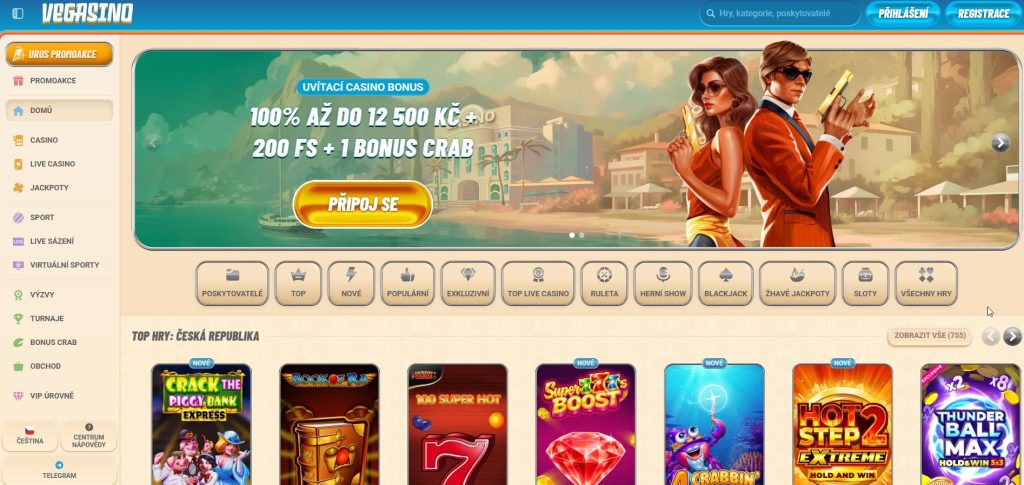 Hlavní vizuál online kasina Vegasino s neonovým osvětlením, který přináší autentický zážitek z elitních kasin.