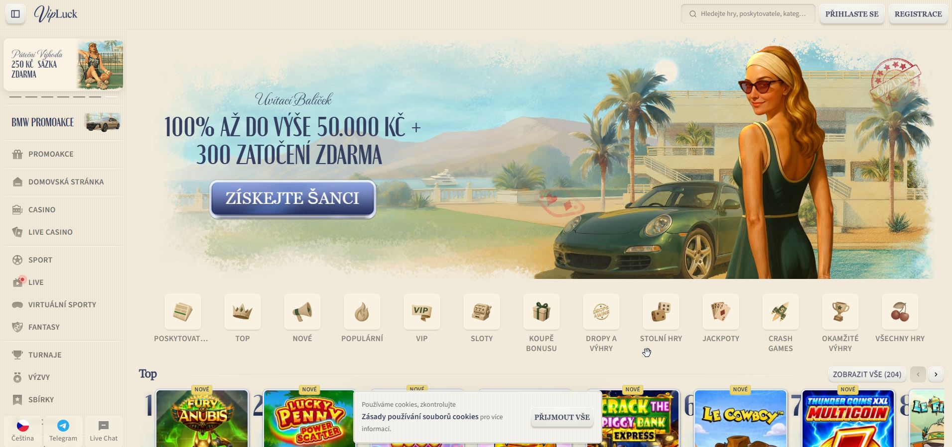 Exkluzivní úvodní stránka online kasina VipLuck s důrazem na VIP odměny a šťastné výhry.